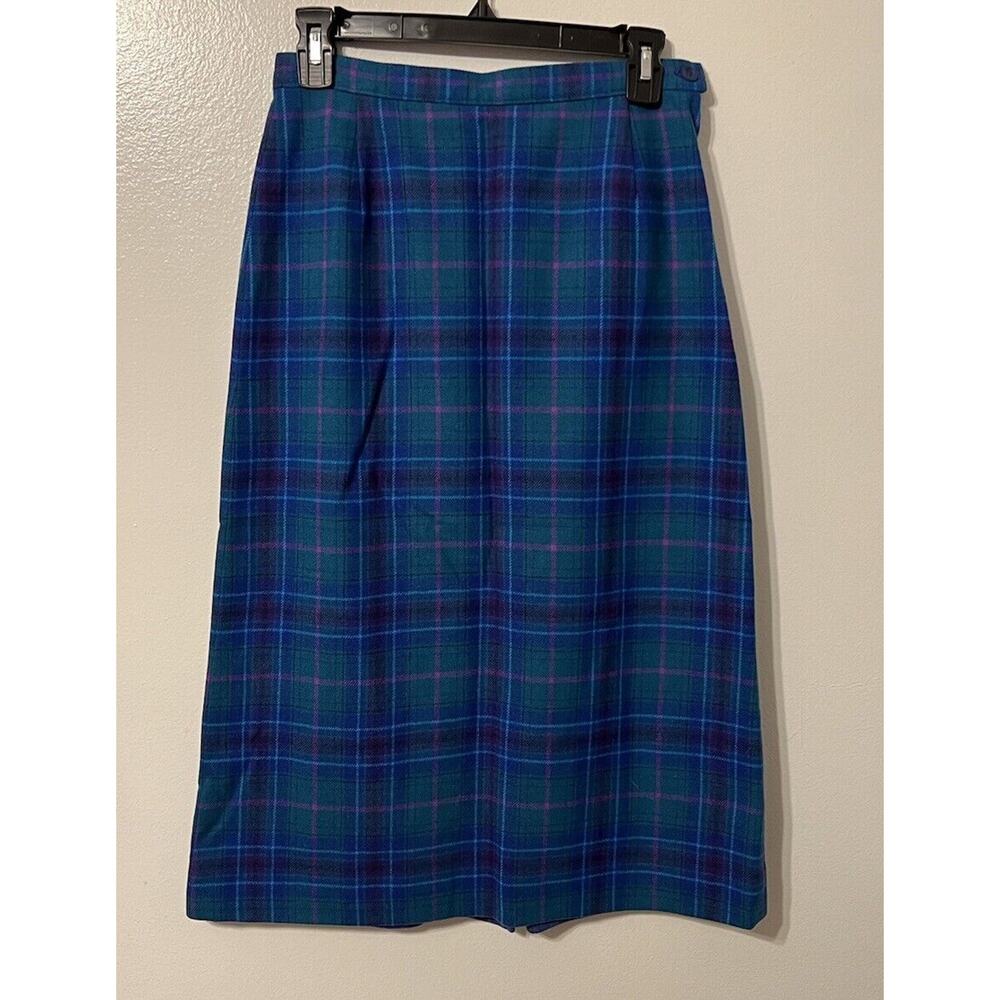 Vtg Pendleton 100% Virgin Wool Pencil Skirt Sz 8 Blue Green‎ Purple Plaid Midi